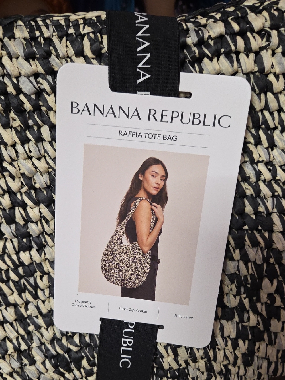 Banana Republic Black and Cream Raffia Tote